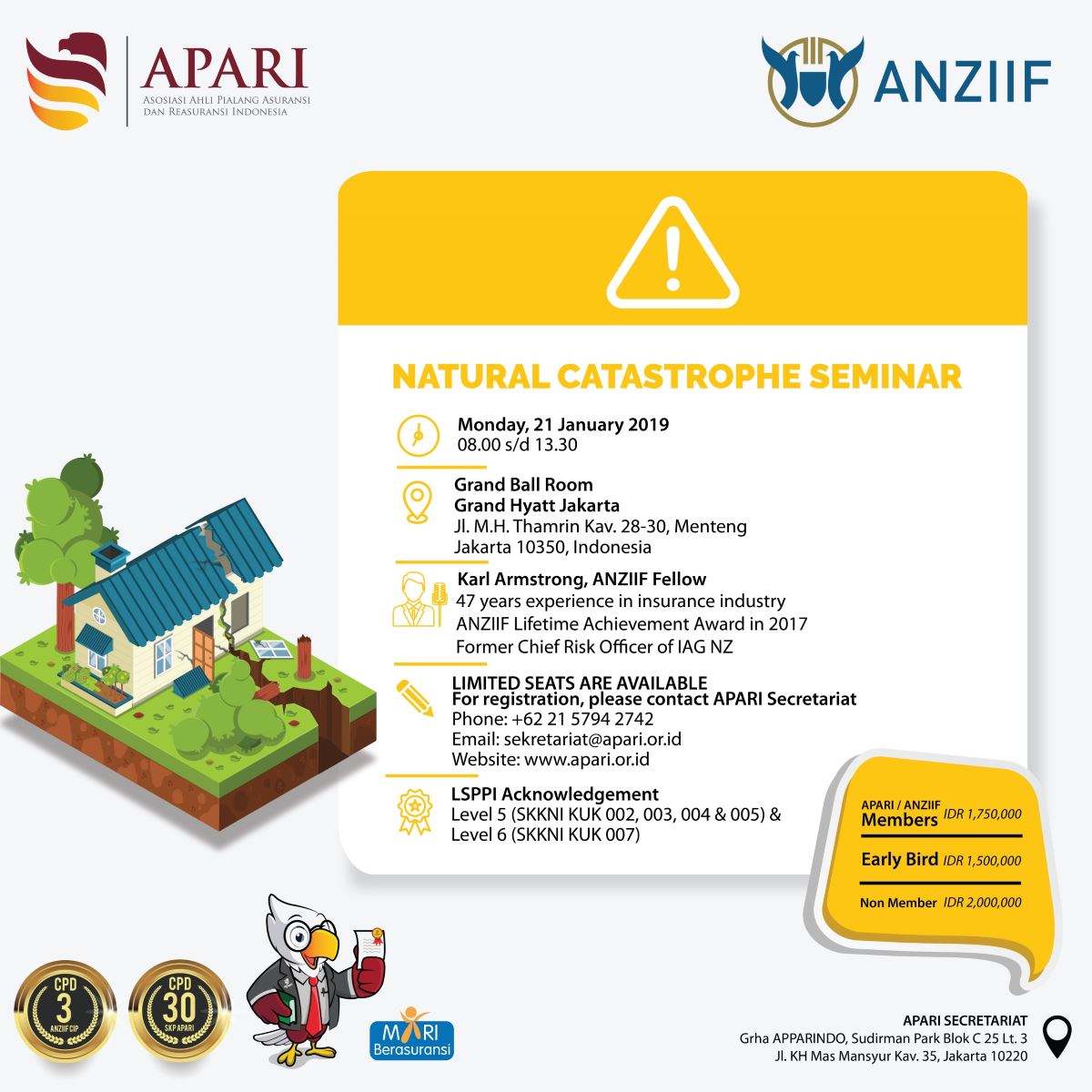 Flyer APARI - Natural Catastrophe Seminar Image of APARI Natural Catastrophe Seminar flyer showcasing visually captivating design and informative content. Graphic design flyer for the Natural Catastrophe Seminar featuring underwriting perspectives and risk assessment